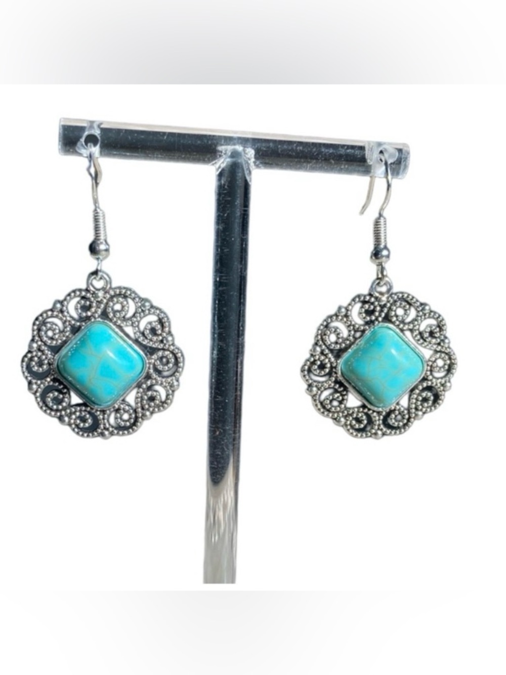 Vintage Silver Boho Style Drop Filigree Dangle Earrings With Turquoise stone New